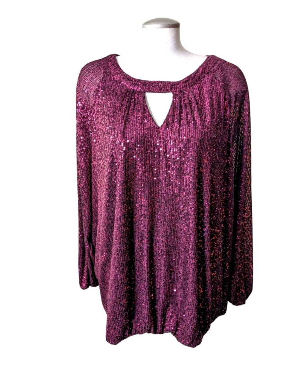 Womens Sequin Sparkly Burgundy Blouse Top Keyhole Neckline 3X Blouson Holiday